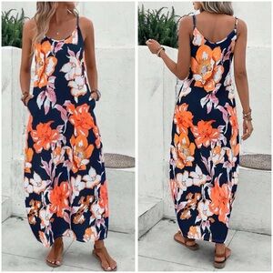 Emery Rose Summer Floral Sleeveless Easter Women's Dress Blue Orange White Large